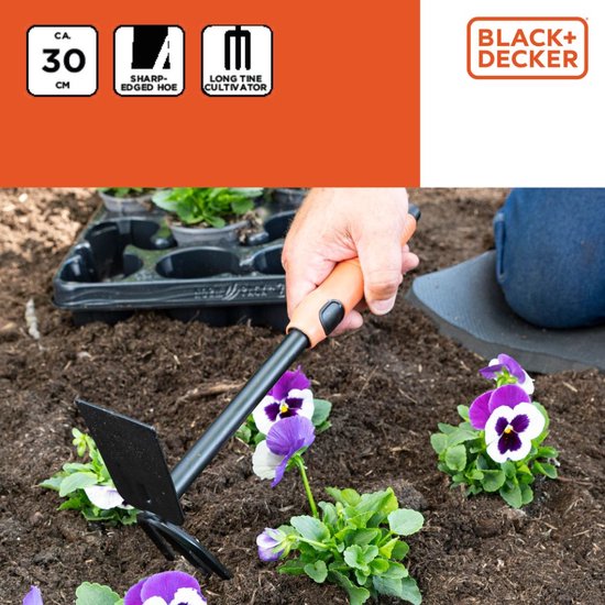 BLACK+DECKER Double Hoe - 3 Pins et Hoe - 30 CM - Poignée ergonomique - Noir/Orange
