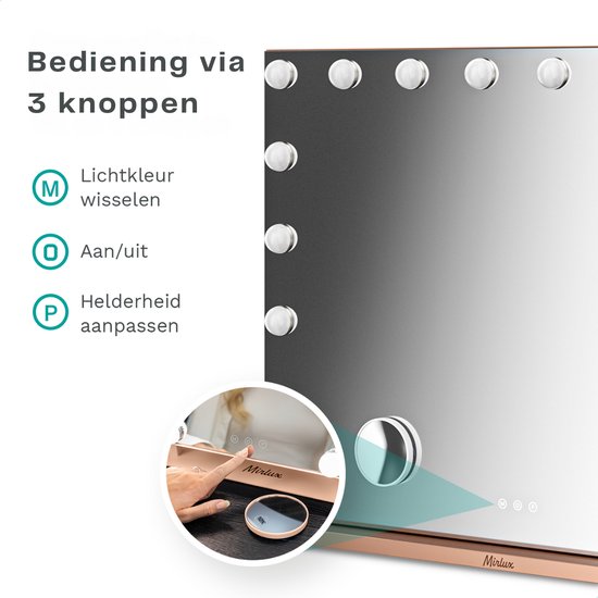 Mirlux Hollywood Mirror 80x60CM - 2 haut-parleurs Bluetooth - ports de charge USB et USB-C - éclairage LED - miroir de maquillage - zoom 10x - suspendu - or rose