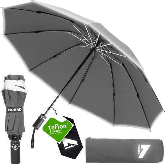 Parapluie tempête Nohrd - Gris - Parapluie pliable - Résistant à la tempête 108 km/h - Parapluies tempête - Pliage et dépliage automatique - Réfléchissant - Parapluies - Housse de protection incluse