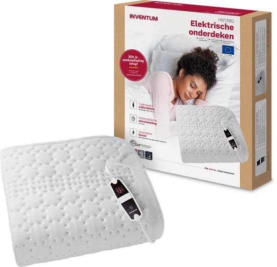 Sous-couverture électrique Inventum HN139G 150x80 cm - Simple - 4 niveaux de chaleur - Couverture chauffante - Lavable - Arrêt automatique - Protection contre la surchauffe - Polaire - Blanc