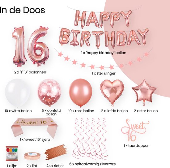 Happy Goods Birthday Decorations - Sweet 16 - Happy Birthday Garland - Rose Gold - Balloons - 61 Pieces - Birthday Decorations