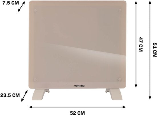 VONROC Chauffage électrique de luxe - Convecteur avec panneau en verre - 500W/1000W - Chauffe les pièces jusqu'à 12m2 - Contrôlé par l'application (via Wifi) et manuellement - Thermostat et minuterie réglables - Beige