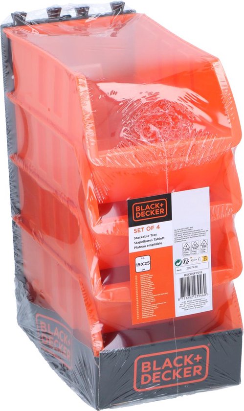 BLACK+DECKER Bacs de rangement empilables - 4 pièces - Idéal pour les outils, le maquillage et l'organisation du bureau - 15 x 24 CM - Plastique - Orange
