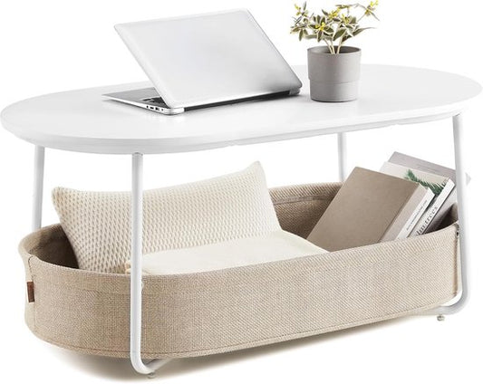 Furnstar - Table basse ovale - Table avec rangement - Table d'appoint - Table de salon avec panier en tissu - Design moderne - Structure en métal - Blanc mat Camel brown