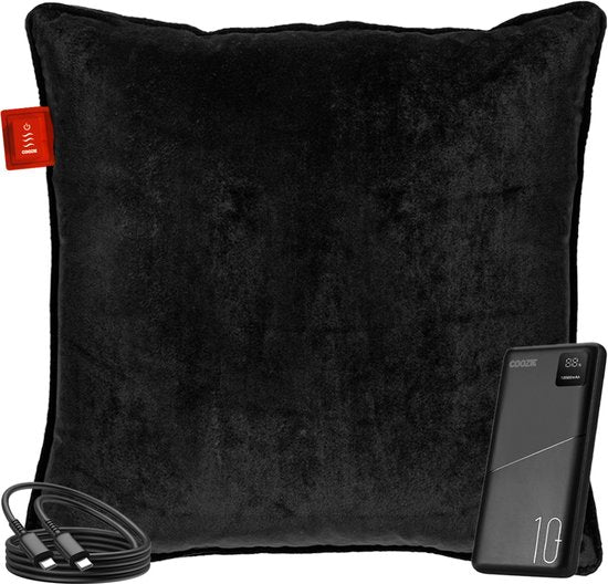 Coozie Rechargeable Heat Pillow - sans fil et filaire - 45-65°C - Velours - 45 x 45 cm - Noir - Oreiller électrique - Powerbank incluse - Jusqu'à 8 heures de chaleur
