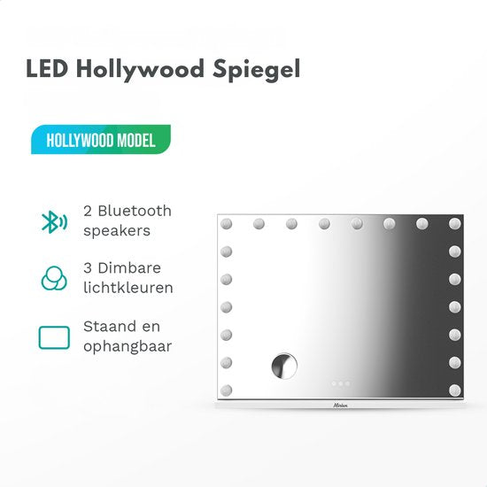 Mirlux Grand miroir hollywoodien 80x60CM - 2 haut-parleurs Bluetooth - ports de charge USB & USB-C - éclairage LED - miroir de maquillage - zoom 10x - à suspendre - blanc
