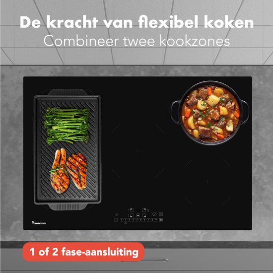 KitchenBrothers Table de cuisson à induction - Table de cuisson à induction encastrable - 80 cm - 1 Flexzone + 3 Zones - 1 et 2 phases - Noir