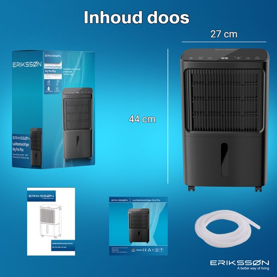 Déshumidificateur - Erikssøn - Déshumidifie jusqu'à 16 litres par jour - Fonction Séchage - Noir