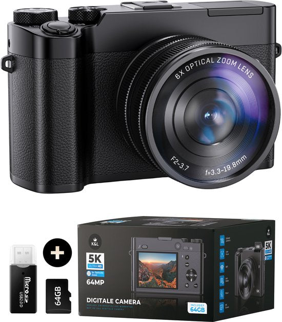 K&L Appareil photo numérique 5K - 64MP - Zoom optique 6X - Appareil photo - Caméra compacte - Caméra Vlog - Idéal pour les débutants - 64GB inclus - NL Software