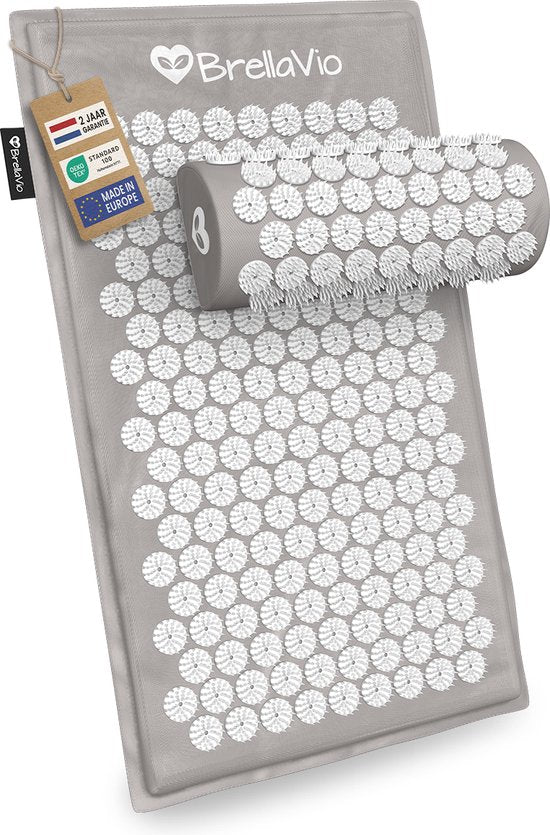 Tapis d'acupression avec coussin - BrellaVio - Gris - 74x44 cm - Tapis d'acupression - Lit d'ongles - Coussin d'acupuncture - Massage Shakti