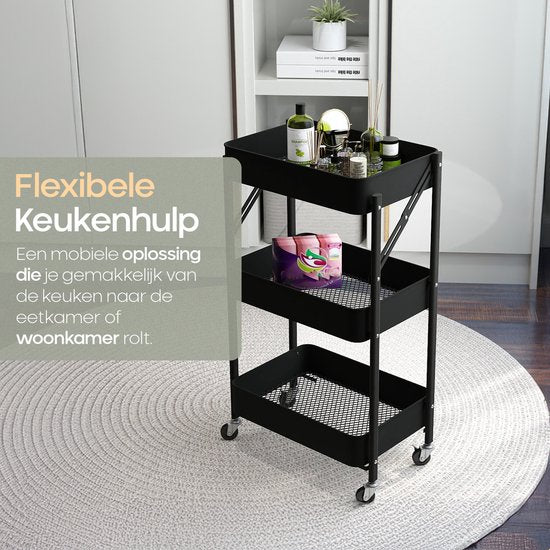 O'DADDY® Kitchen Trolley Collapsible - 3 Layers - Serviteur sur roues - Chariot de cuisine - Table roulante - Chariot de rangement - Chariot de rangement - Support de cuisine - Noir