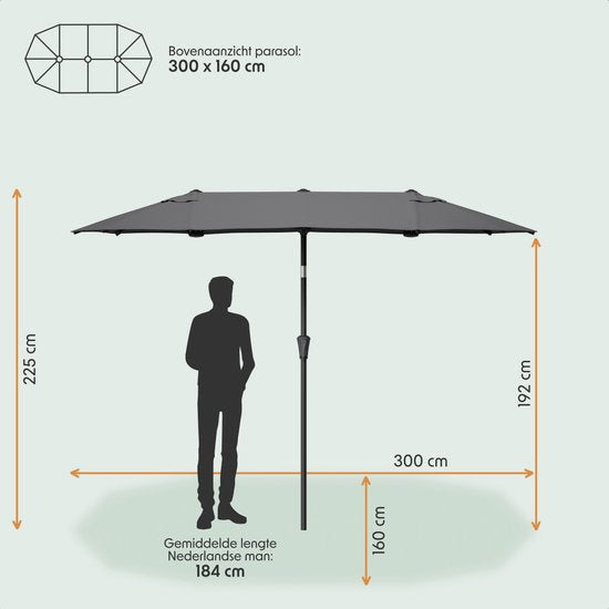 LifeGoods Parasol double - jardin - 160x300cm - jusqu'à 8 personnes - imperméable - UPF50+ - gris foncé