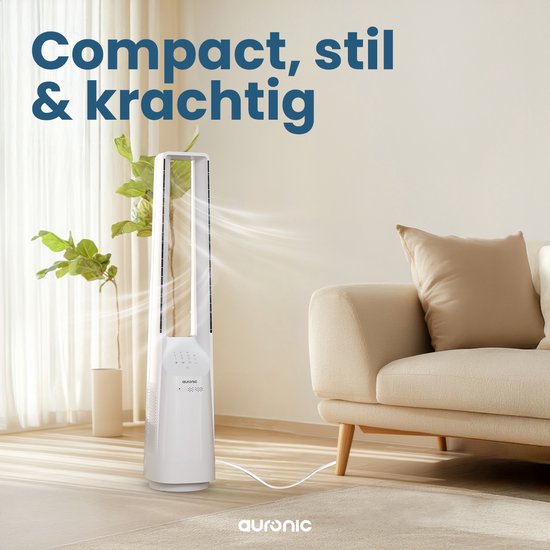 Ventilateur de tour Auronic - Modèle sans pales - Refroidisseur d'air - Ventilateur de sol - Ventilateur silencieux sur pied - 101 CM - 6 vitesses - Ventilateur - Avec minuterie - 39 dB - Blanc