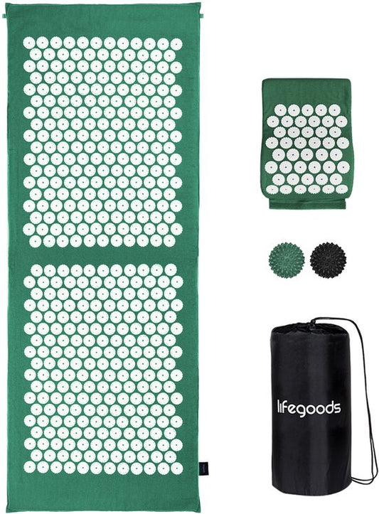 LifeGoods Tapis d'acupression XL - avec coussin - Tapis Shakti - Tapis pour ongles avec 2 balles pour points de déclenchement - 128x48x2cm - Vert/Blanc
