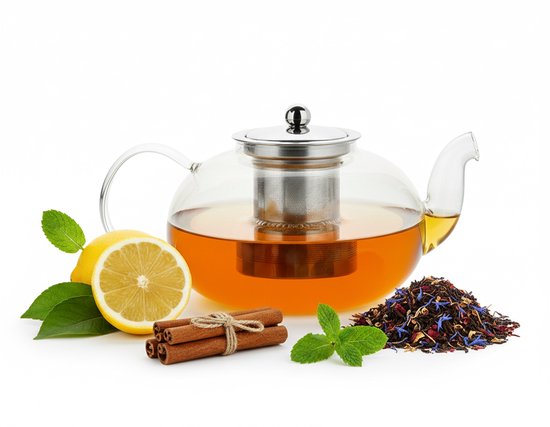 Vaja® Théière en verre avec filtre en acier inoxydable - 1,4 litre - Infuseur de thé - Pour thé en vrac / fleurs de thé - Cadeau de Noël - Verre borosilicaté avec bec verseur anti-goutte