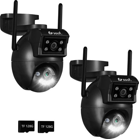 Caméra de sécurité extérieure - 2 pièces - Wifi et 256GB - Caméra extérieure avec vision nocturne - Double objectif - Noir - par Saaf