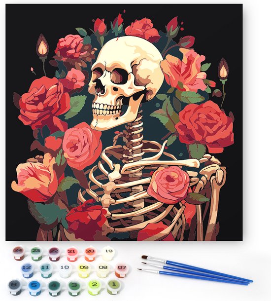 Rubye® Peinture à numéro adultes - Peinture à numéro enfants - Squelette et roses - peinture et pinceaux inclus - Toile à peindre - Couleurs à numéro - 30x30cm