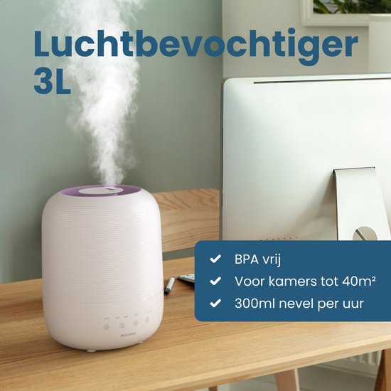 Auronic Humidificateur - 3L - Convient pour la chambre à coucher, la chambre de bébé, le bureau, le salon et plus encore - Humidificateur - Sans BPA - Blanc