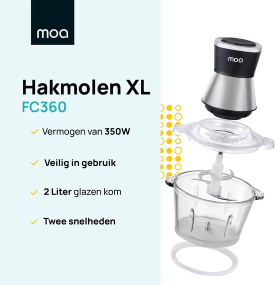 MOA Chopper Electrique - Hachoir Alimentaire XL - 350 W - Bol en verre 2L - 4 Couteaux - acier inoxydable