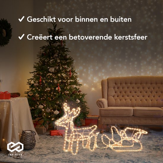 Infinity Goods Renne avec traîneau - Lumières de Noël - Figure LED d'intérieur et d'extérieur - Décorations de Noël - Guirlande lumineuse 3D - Noël - Blanc chaud