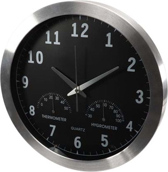 Perel Horloge murale, ronde, analogique, 35,5 cm, affichage de l'heure radio-piloté (DCF), avec thermomètre et hygromètre, aluminium, argent