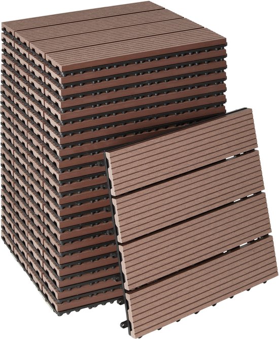tectake® WPC wood tiles - Dalles aspect bois - Résistant aux intempéries - Sol extérieur - Dalles de sol - Sol de balcon - Dalles de terrasse avec système click - Drain - Lot de 22 - Marron