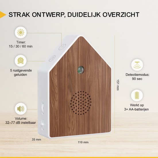 UPLY Maison d'oiseau avec son - Maison d'oiseau avec capteur - 5 sons naturels pour toilettes/WC - Détecteur de mouvement - Zwitscherbox - Cadeau - Fixation incluse - Blanc - Chêne