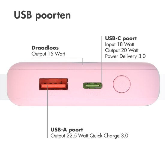 Batterie externe - imoshion - 10000 mAh - Adapté à MagSafe - Chargeur rapide 22.5W - USB C & USB A - Adapté à iPhone 12/13/14/15/16 - Rose