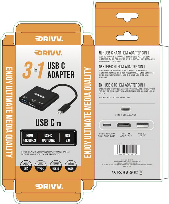 Drivv. Adaptateur USB C vers HDMI 3 en 1 - HDMI 4K 60hz - USB 3.0 - PDW 100w - Noir