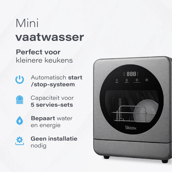 Skoov Mini lave-vaisselle avec réservoir d'eau - 5 couverts - 6 programmes de lavage - 45cm - Petit lave-vaisselle étroit à poser - Camping - Gris