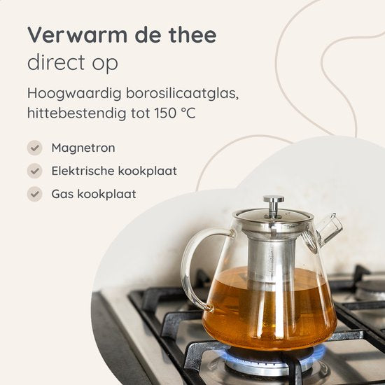 Deleca Théière en verre Clarity - Avec filtre en acier inoxydable et chauffe-plat - Pour thé en vrac / fleurs de thé - Cadeau de Noël - Verre borosilicaté / 1.5L