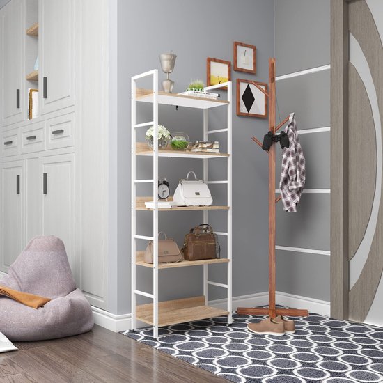 Rootz Standregal Hochregal - Rayonnage - Bibliothèque - Etagère de rangement - Présentoir - Organisateur - Etagère à étages - Blanc + chêne clair - 60x27.5x160 cm