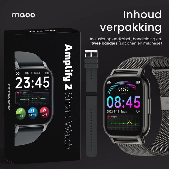 Maoo Amplify 2 Smartwatch Femme et Homme - Convient à Android et iOS - Bracelet en silicone et milanais - Compatible WhatsApp - Fonction Belf complète - Multisport - Moniteur de fréquence cardiaque et de pression artérielle - Moniteur de sommeil - Cadeau