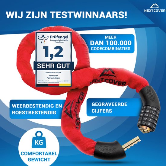 NEXTCOVER® Digit Lock Cadenas pour vélo - L'original - [SAFESECURE] Haute sécurité - Cadenas pour vélo avec code à 5 chiffres, cadenas pour vélo en acier - Cadenas pour vélo parfait pour e-bike - Cadenas pour chaîne Rouge