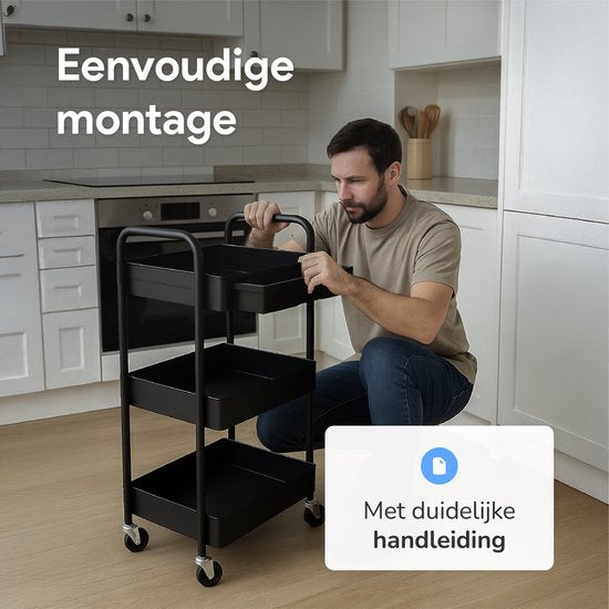 Chariot de cuisine avec tiroir sur roulettes - 3 étages - Étagère de cuisine - Chariot de service - Armoire - Chariot - Rangement - Armoires de douche sur pied - Étagère - Noir - Luft