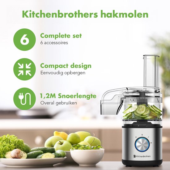 KitchenBrothers Robot de cuisine - Hachoir - Coupe-légumes - Modèle multifonction 5-en-1 - Robot de cuisine compact 0.5L - Coupe-oignon - Noir