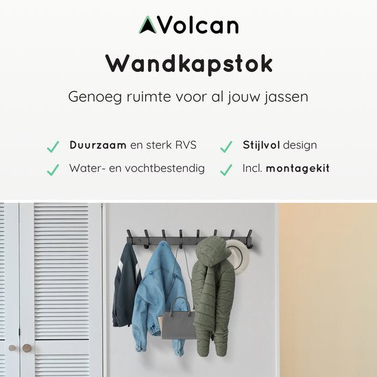 Porte-manteau mural Volcan - 16 crochets - Acier inoxydable - Porte-manteau mural - Industriel - Ruban adhésif 3M - Noir