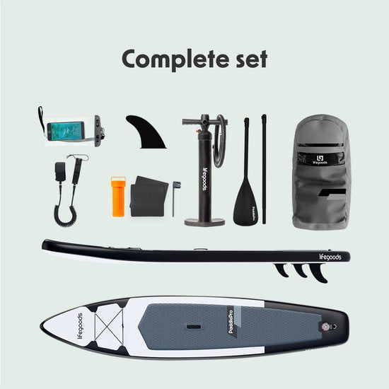 LifeGoods SUP Board Touring - Capacité de charge 165 KG - 365 x 76 cm - Gonflable - Pack Sup complet - Blanc/Noir