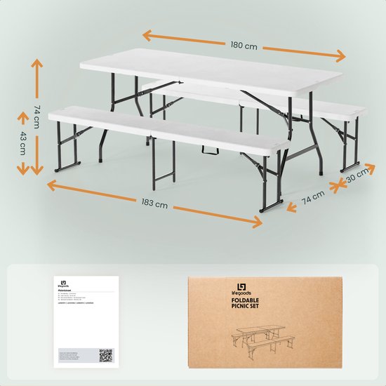 LifeGoods Set de pique-nique pliable - 180cm x 74cm - Table de jardin avec 2 bancs - Résistant aux intempéries - Table de camping - Table à bière pliable - Pour l'intérieur et l'extérieur - Pour 6 à 8 personnes - Blanc
