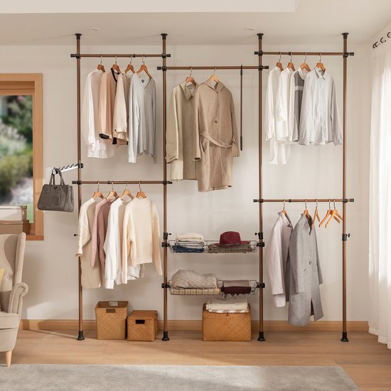 SoBuy Penderie télescopique - Penderie ouverte réglable avec tringles à vêtements et étagères - Marron, L(209-311) x H(200-295) cm, KLS04-II-BR, pour Chambre à coucher, Walk-in Closet