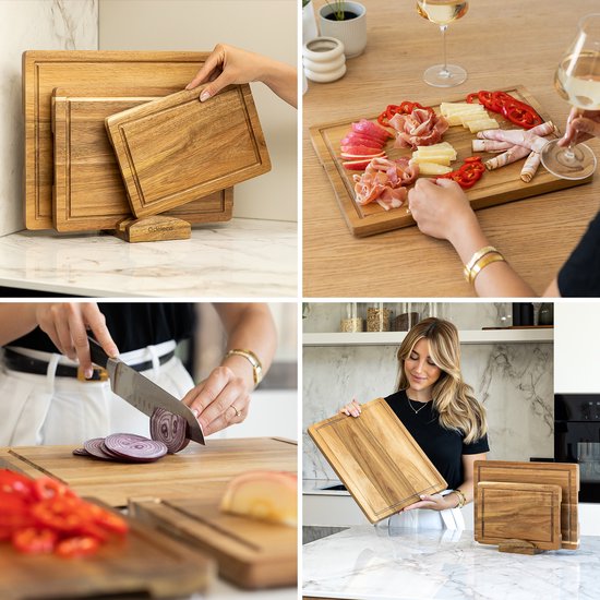 Deleca 3-Piece Cutting Board Set with Holder (40x30 / 33x24 / 26x18 cm) - Pour la cuisine, planches à découper, planches de service, planches à fromage, planches à boire et planches à tapas - Planche à découper en bois d'acacia