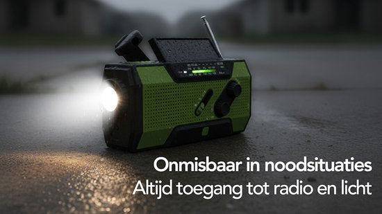 Radio d'urgence Brixy - Radio avec batterie pour les urgences - 5000 MAH - rembobinable - solaire - lampe de poche - Powerbank - vert