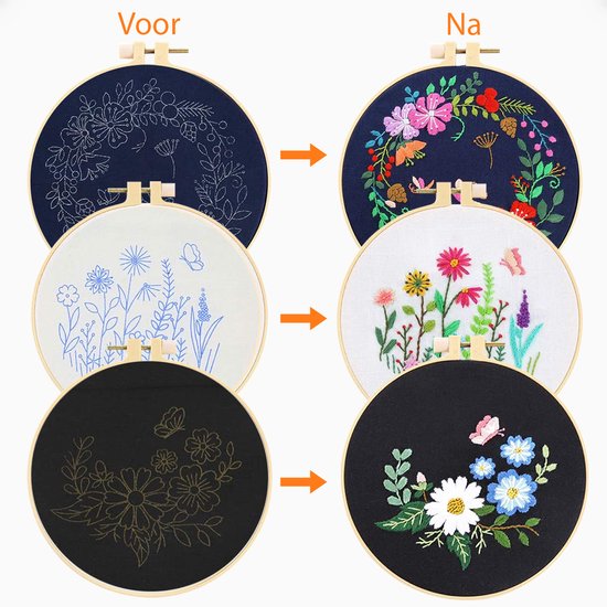 Happy Goods Kit de broderie fleurs et oiseaux - Kits de broderie adultes - Set de 3 broderies - Hobby et loisirs créatifs - Broderie