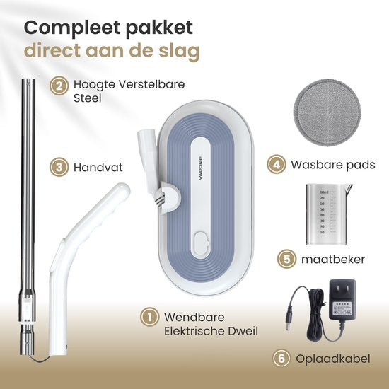Vapore Electric Mop Cordless - 150×150 RPM Dual Rotation - 40 min Battery - LED Lighting - Floor Cleaner - All Hard Floors - Quiet 77.5 dB - Mopping System with Spray