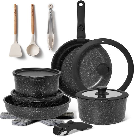 Just Perfecto 18 Piece Induction Cooking Set - Poignée amovible - Set de cuisson avec couvercle pour toutes les sources de chaleur - Poêles sans PFOA - PFAS