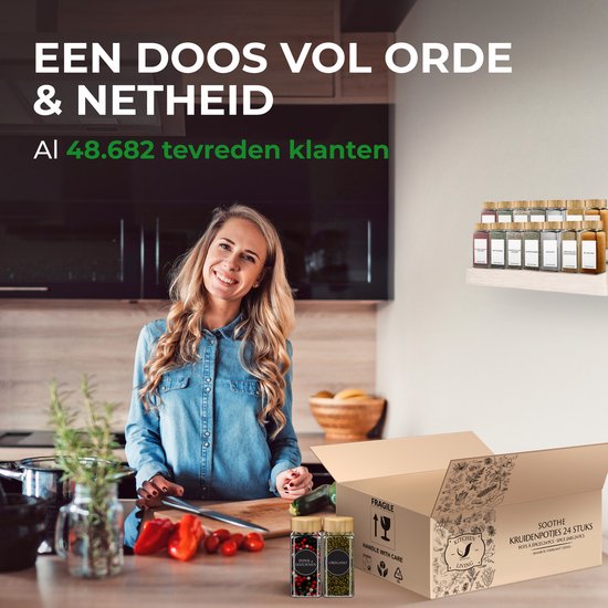 Soothe 24 pots à épices carrés en verre avec couvercle en bambou - 2 types de couvercles à saupoudrer - Spice Spreader - pots à épices - Set complet avec stickers à épices, stick à craie et accessoires - 120ml