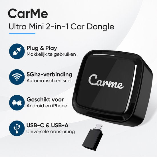 CarMe Ultra Mini 2-in-1 CarPlay Dongle - Wireless CarPlay & Android Auto - USB-A & USB-C - Android Auto Dongle - Noir