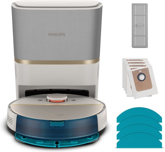Philips HomeRun Aqua 7000 Series XU7100/02 - Aspirateur robot avec fonction de nettoyage - Station de charge incluse - Blanc/Or - App Connected