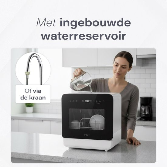 Skoov Mini lave-vaisselle avec réservoir d'eau - 5 couverts - 6 programmes de lavage - 45cm - Petit lave-vaisselle étroit à poser - Camping - Blanc