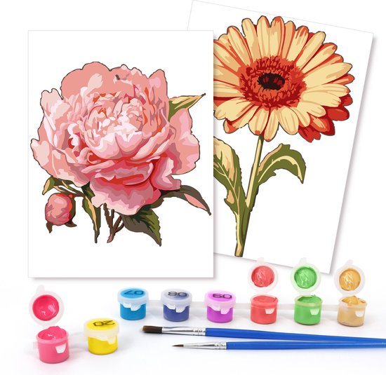 Rubye® Painting On Number Adults - Rose & Sunflower - Comprend la peinture et les pinceaux - Canvas Painting canvas - Colours at Number - Double Set - 15x20cm